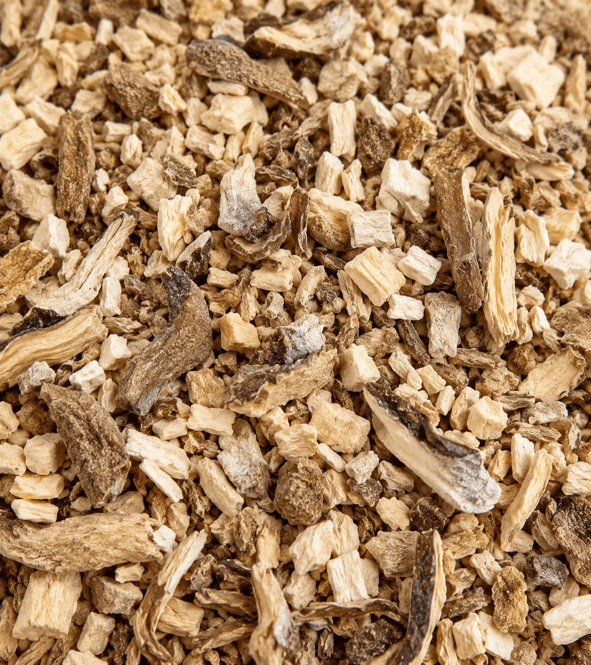 Seven freeze-dried food, close up